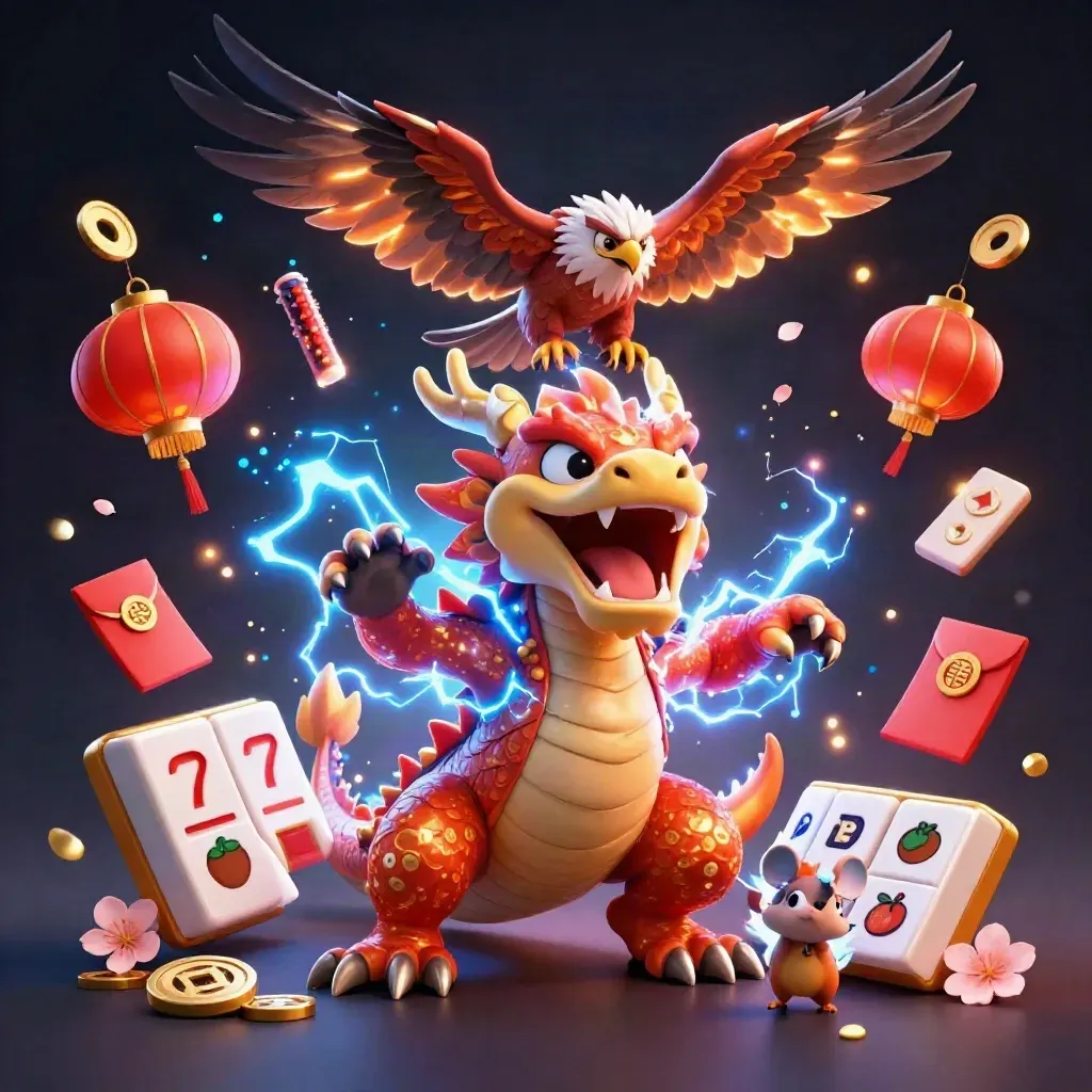 Thunder dragon, wind hawk and thunder-mouse amid casino loot, lightning and lanterns.
