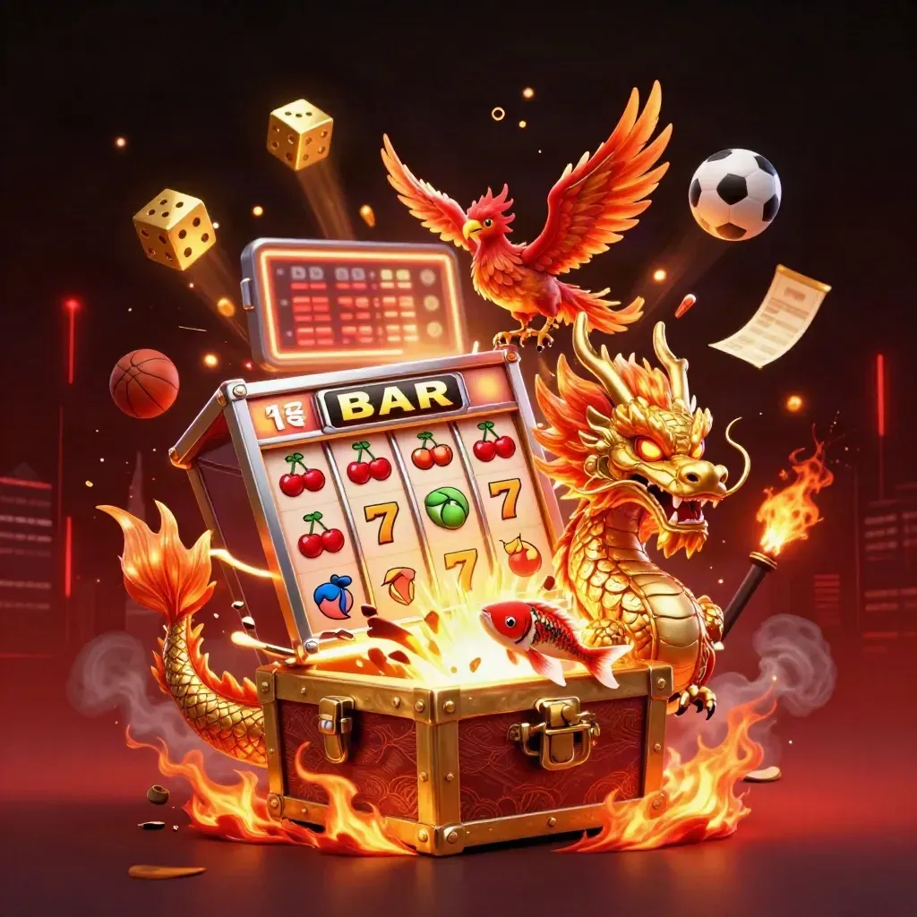 Golden dragon, phoenix, koi, slot machine burst, dice and sports balls in a fiery casino scene.