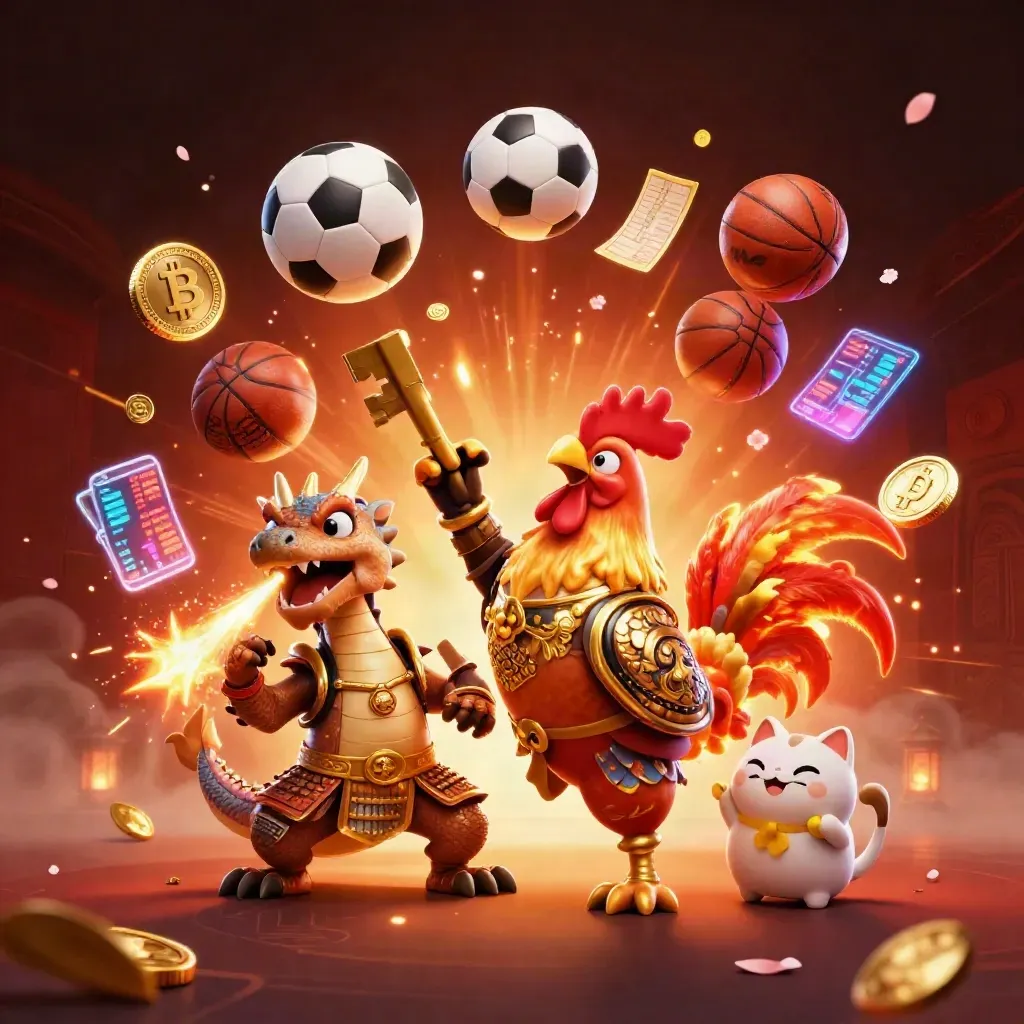 Rooster warrior, dragon hatchling and fortune-cat amid soccer and betting effects, fiery casino art
