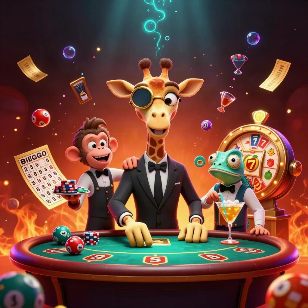 Giraffe, monkey, and chameleon at a glowing casino table amid fiery loot and spinning prizes.