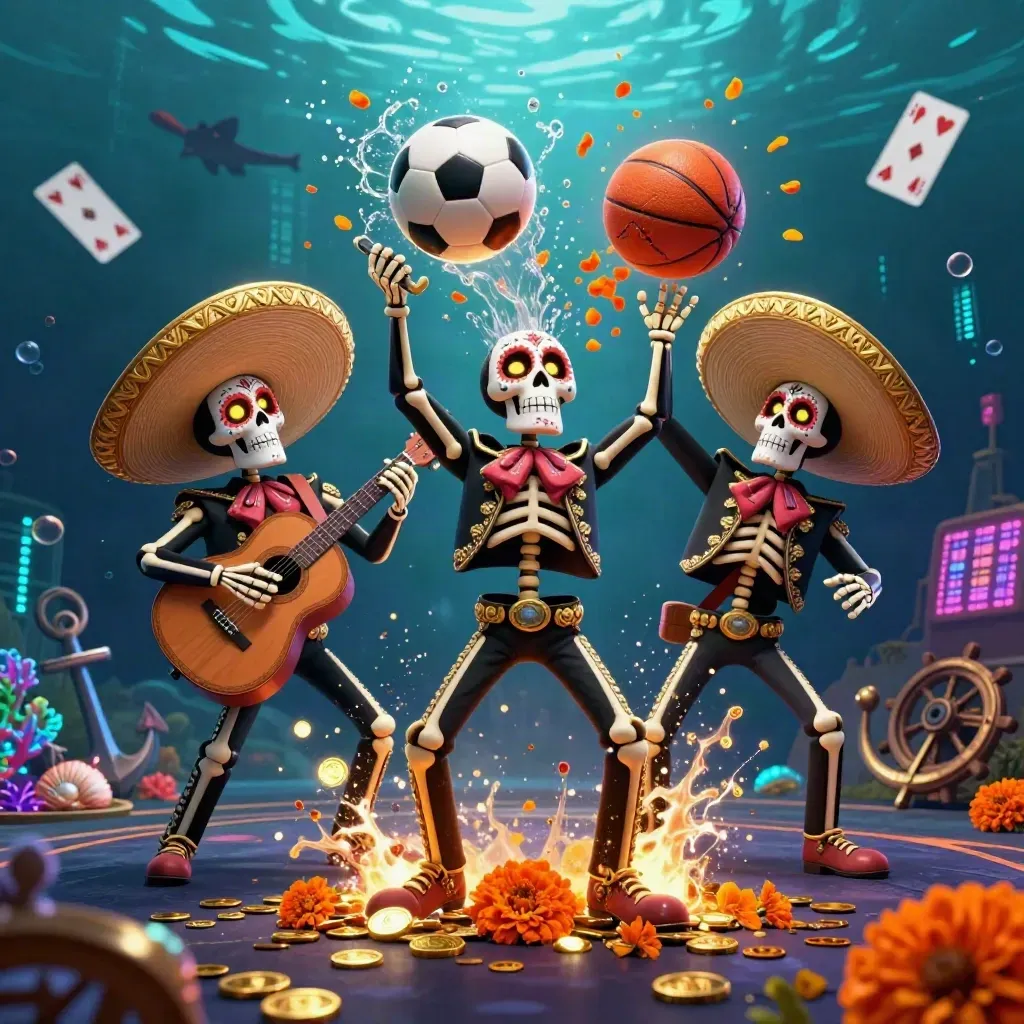 Skeleton mariachi trio in a glowing underwater casino storm of coins, coral, and sports balls.