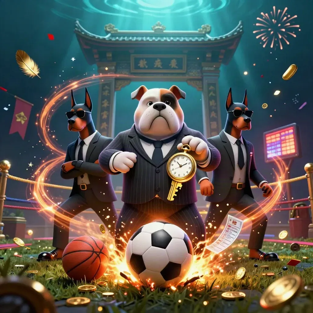 Bulldog boss and two dobermans with sports props, gold, fire, and casino glow.