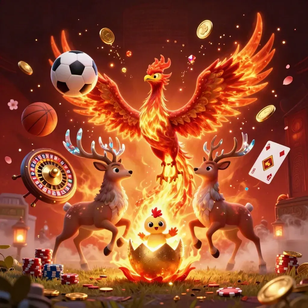Fire phoenix, baby phoenix, crystal stag, casino chips, coins, and sports balls in a fiery fantasy scene.