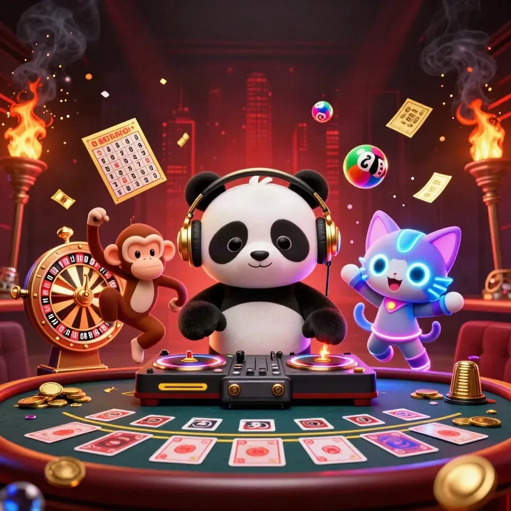 DJ panda, dancing monkey, and glow-stick kitten in a fiery casino lounge with glowing effects