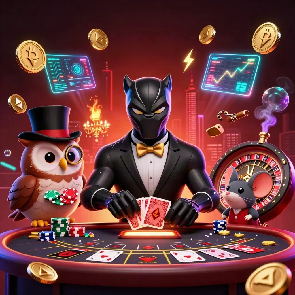 Panther, owl, and mouse in a fiery casino scene with coins, glowing charts, and neon energy.