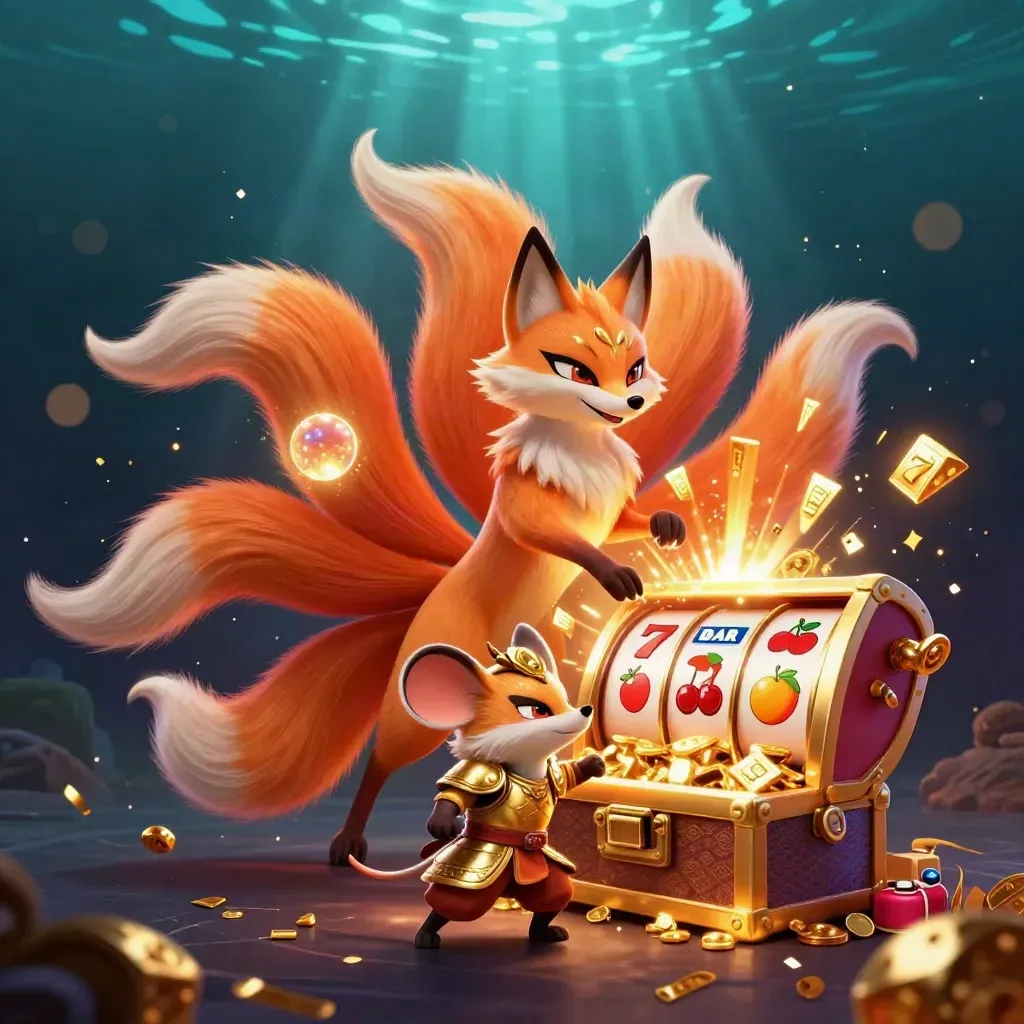 Nine-tailed fox spirit and armored mouse amid exploding slot treasure, ember-orange casino glow