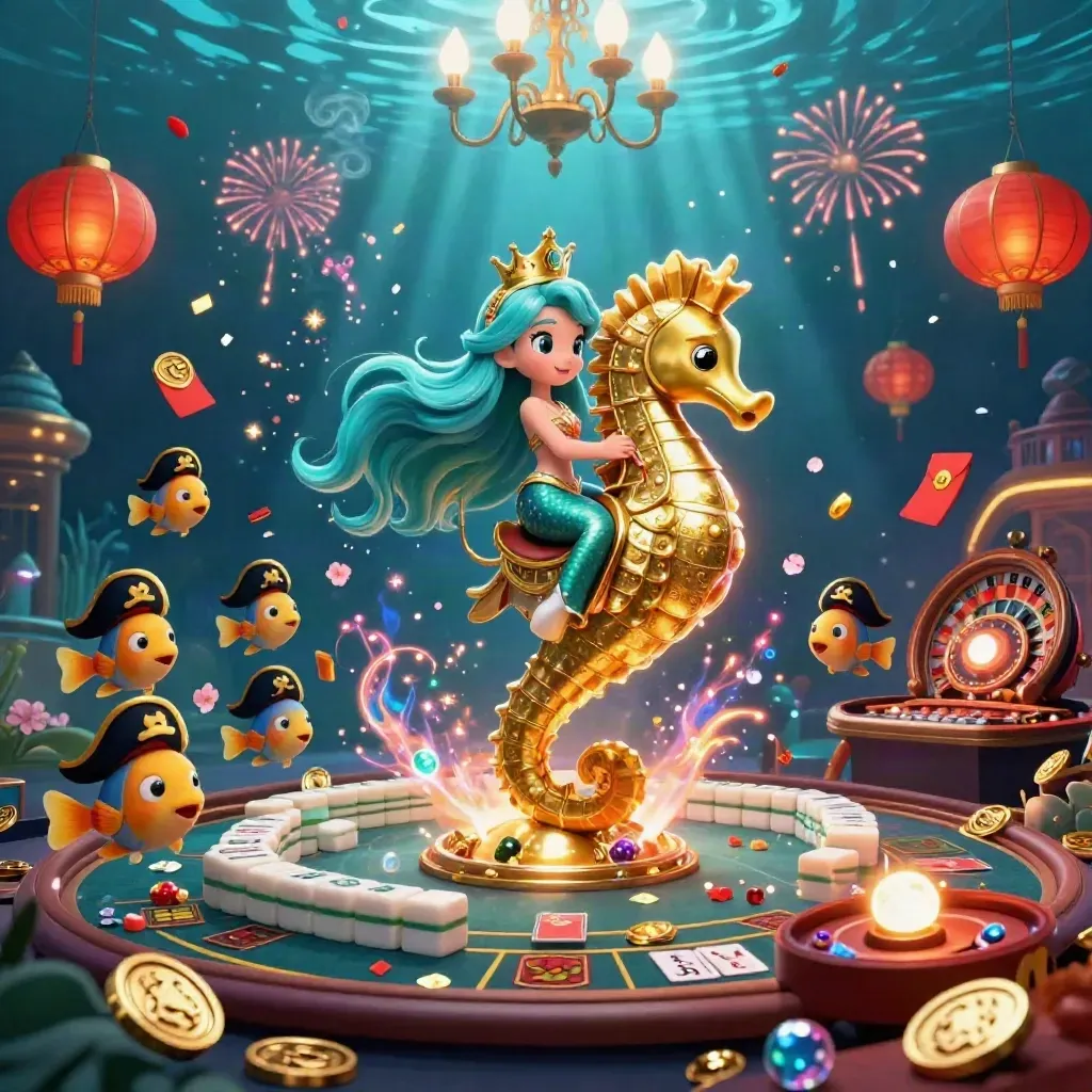 Mermaid princess on a golden seahorse in an underwater casino blaze with coins, lanterns, and fireworks.