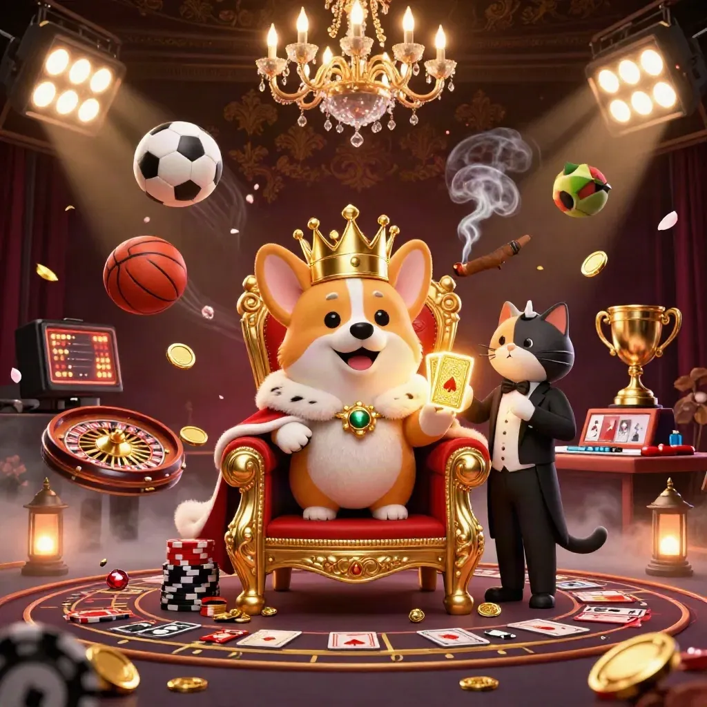 Crowned corgi and cat butler in a lavish casino scene with flying sports balls.