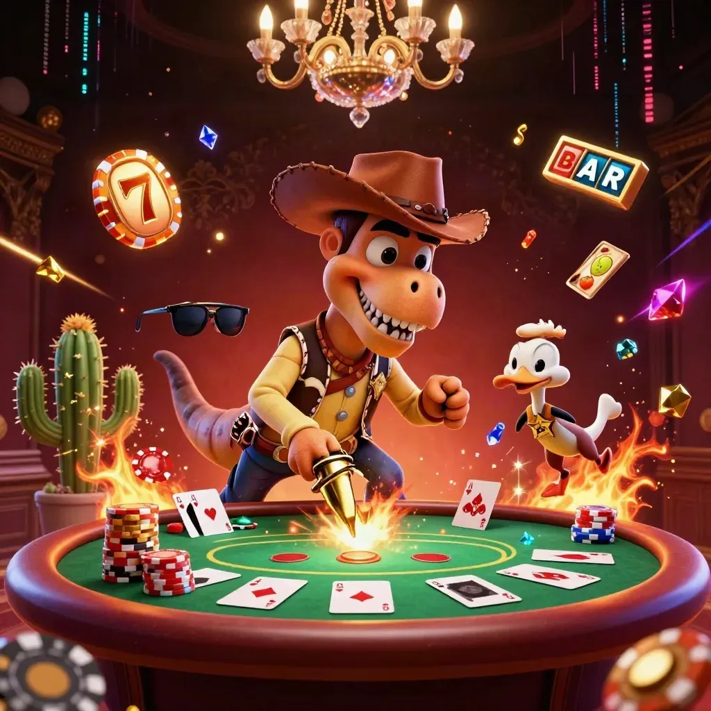 Cowboy T-Rex, cactus sidekick, and roadrunner amid poker chips, cards, and fiery casino glow.