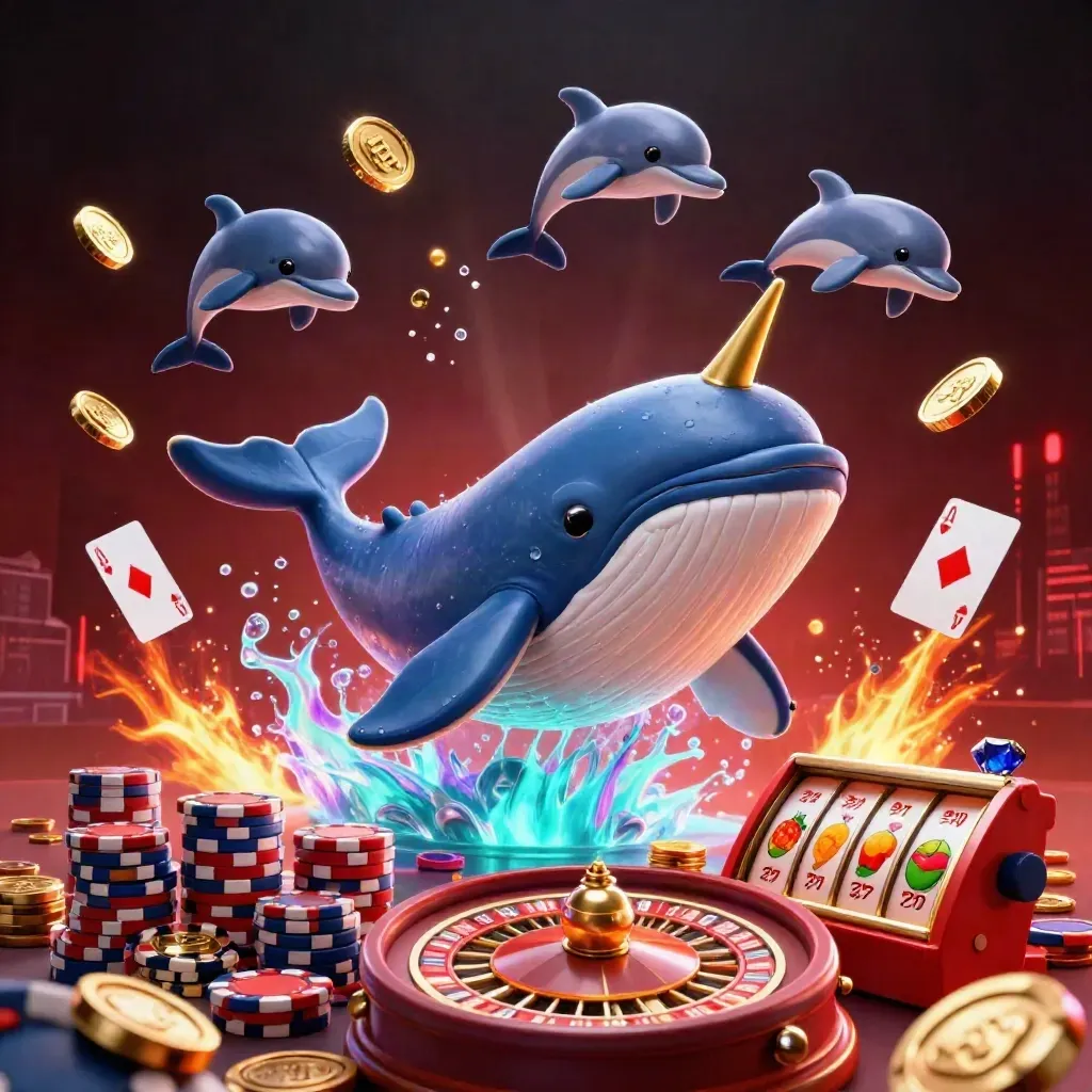 Whale captain, narwhal, and dolphins burst through coins, gems, chips, and fiery casino glow.