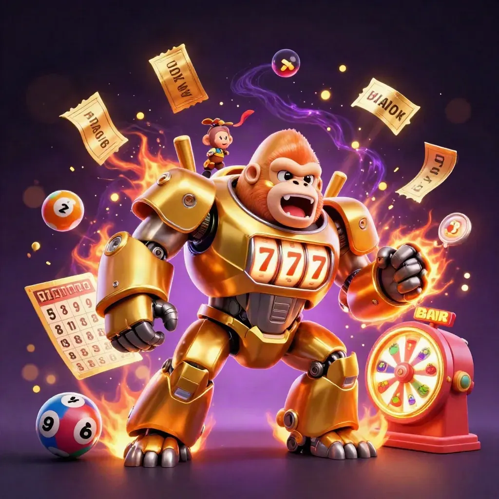 Golden gorilla slot mech with monkey pilot, bursting lottery balls and casino lights