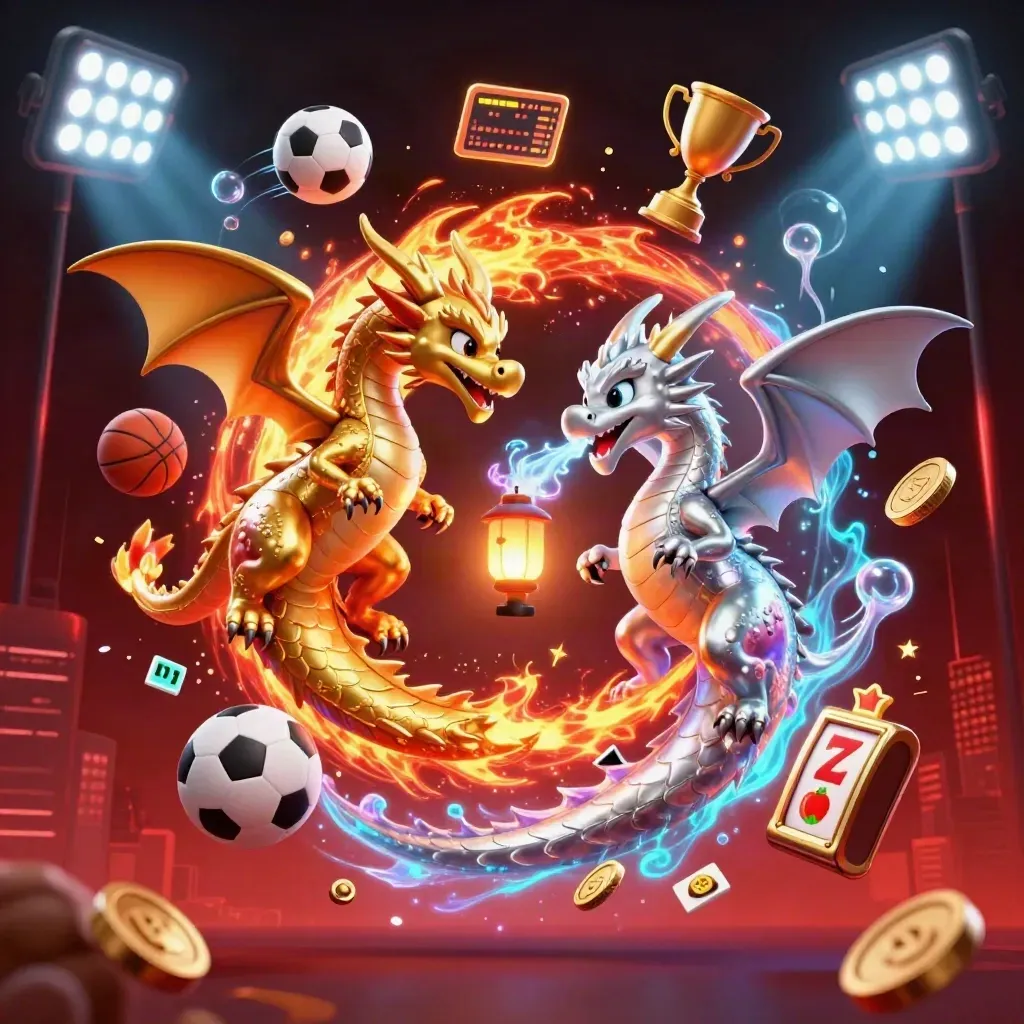 Twin dragons with a lantern spirit amid casino props, neon fire, coins, and a dark skyline.