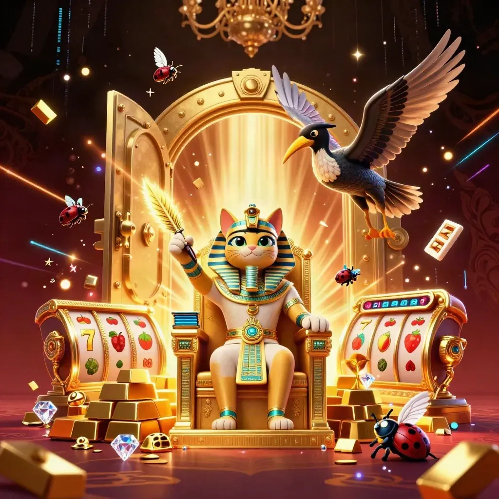 Pharaoh cat, ibis scribe, and gem-winged scarabs erupt from a glowing treasure vault