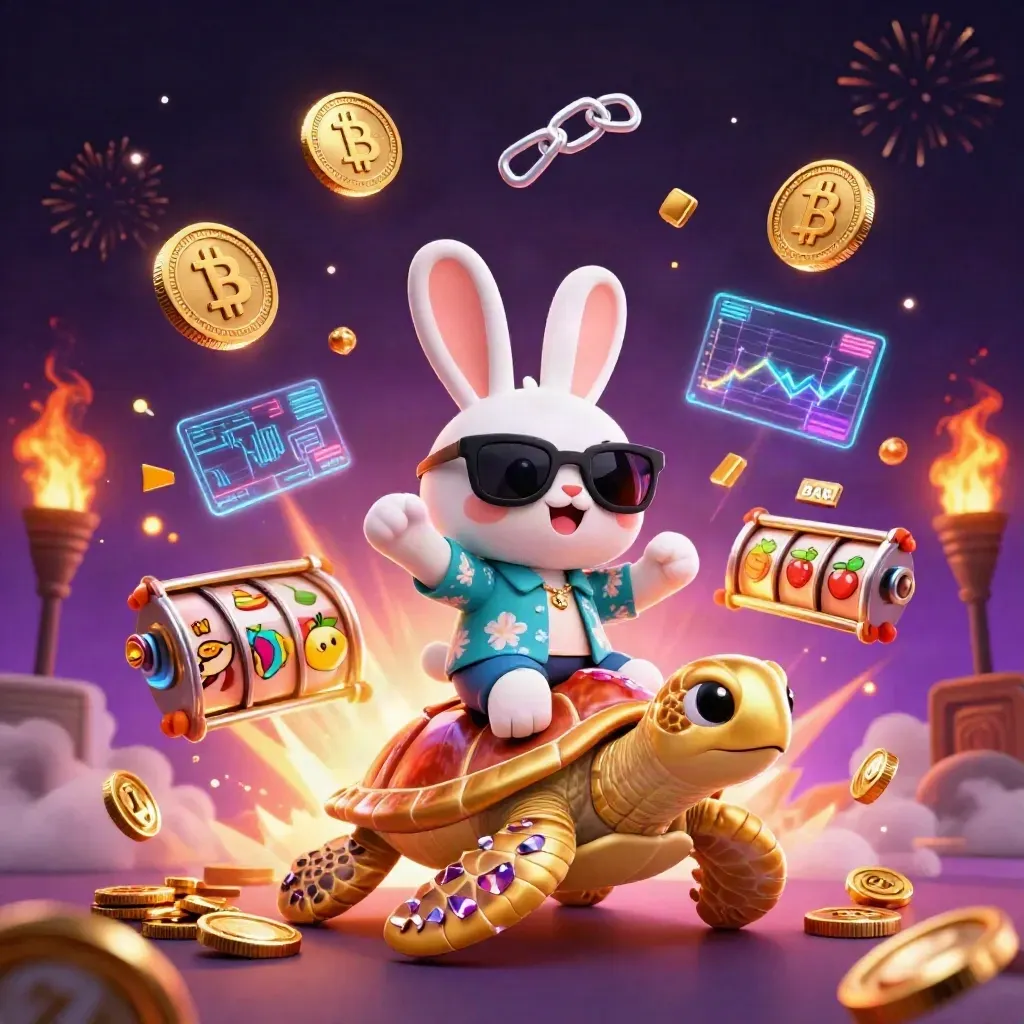 Lucky rabbit on turtle amid gold coins, slot symbols, crypto coins, and fiery casino sparks.