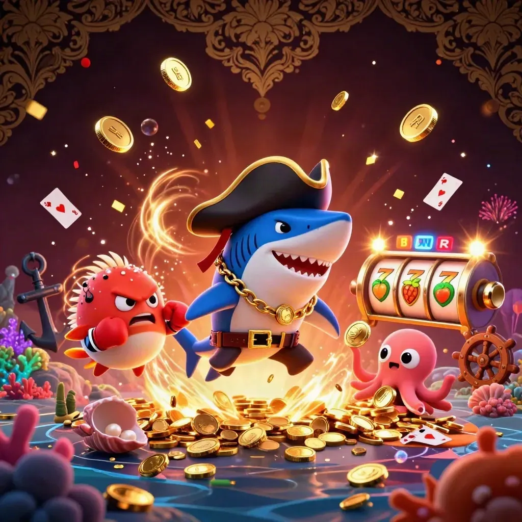Shark pirate, red pufferfish, and baby octopus amid coins, fireworks, and treasure
