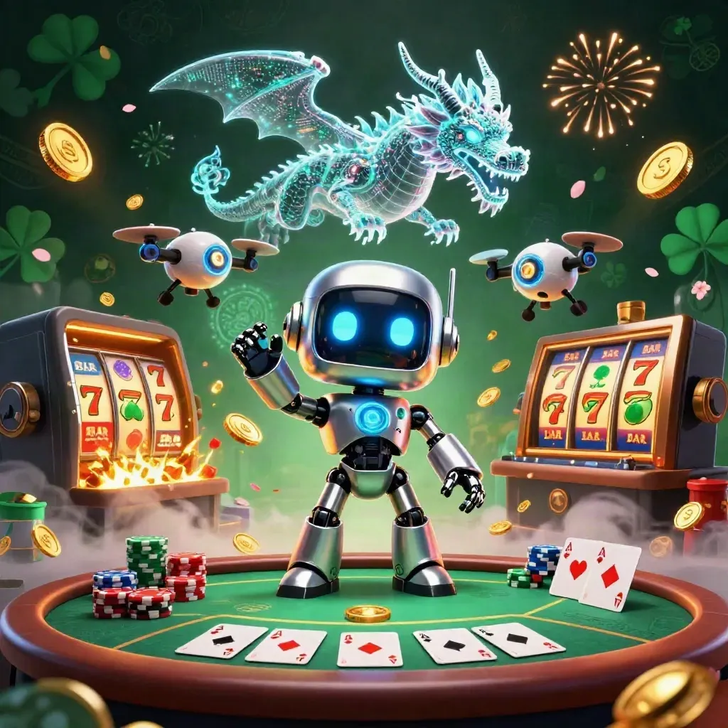 Cyberpunk robot, holographic dragon and coin drone amid bursting coins, chips, cards and fiery casino glow.