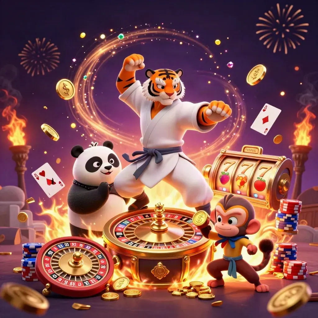 Kung-fu tiger, panda, and monkey amid coins, slots, chips, fireworks, and casino glow