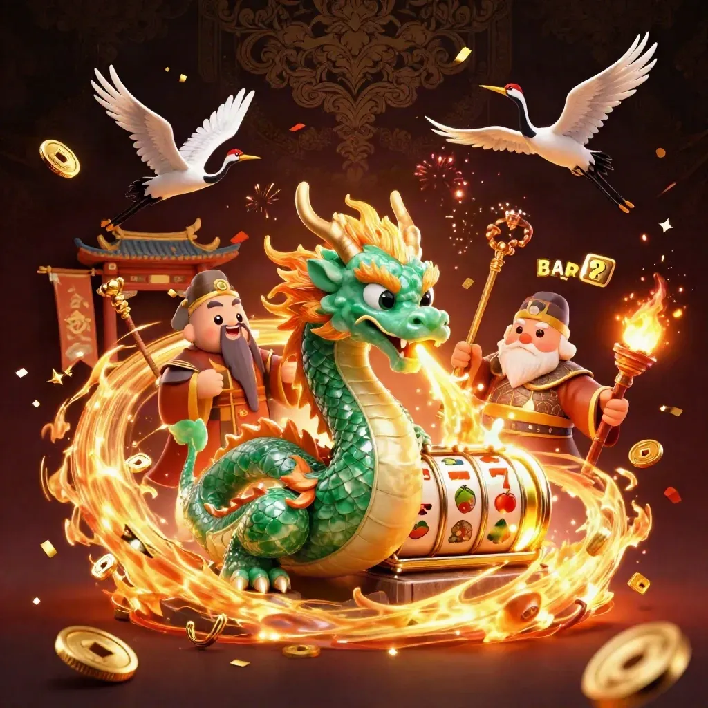 Jade dragon, turtle sage, and cranes amid gold coins, fire, reels, and a temple gate in casino glow.