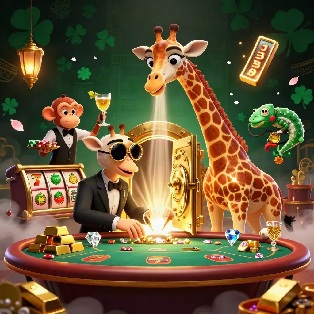 Giraffe, monkey and chameleon amid a vault blast, gold bars, reels and fiery casino glow.