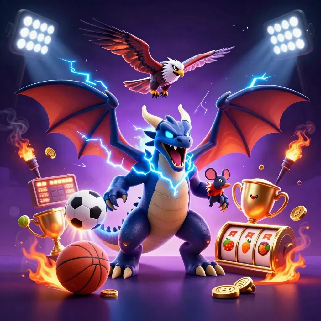 Thunder dragon, wind hawk, and static mouse amid casino lights, coins, reels, and sports balls
