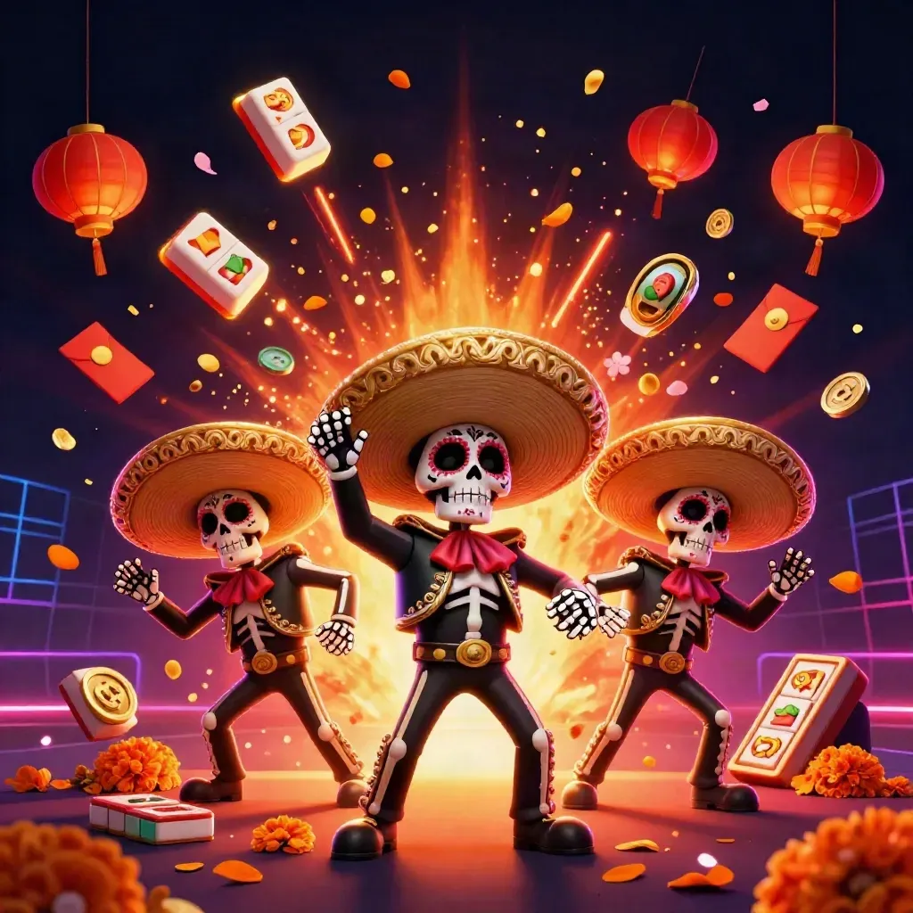 Skeleton mariachi trio amid lanterns, coins, reels, and fire sparks on a dark neon casino background
