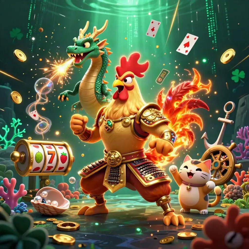 Rooster warrior, spark-spitting dragon hatchling, and fortune cat amid casino treasure and glowing coral