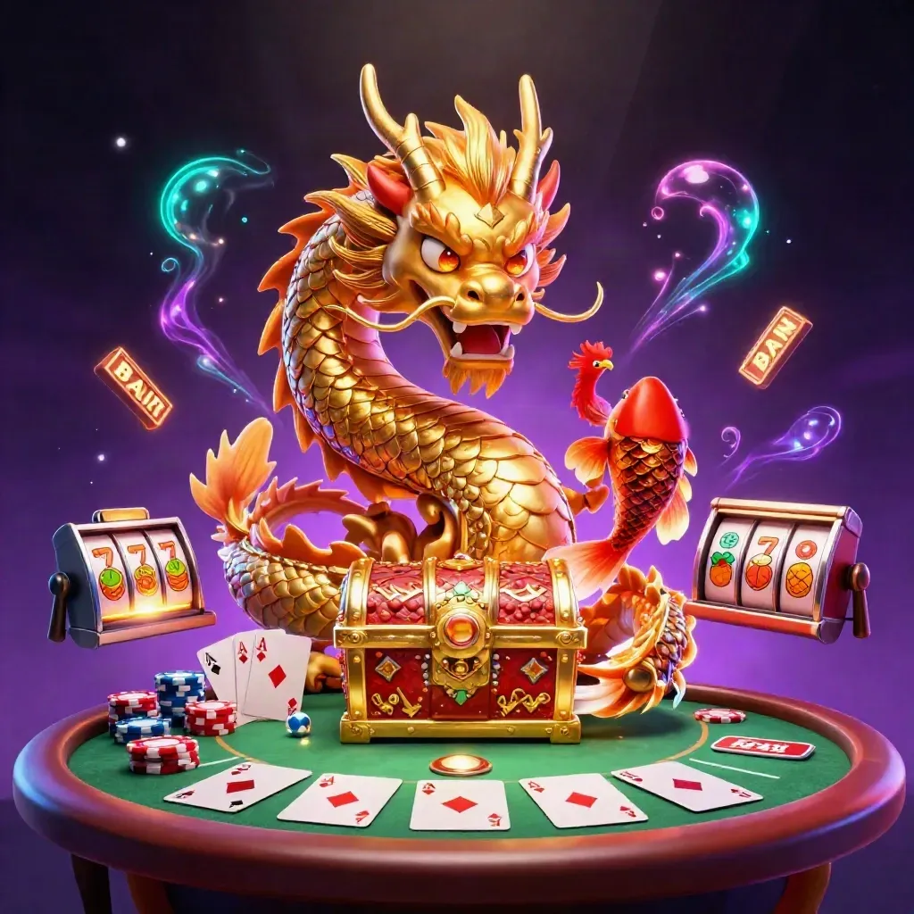 Golden dragon, phoenix, and koi over casino props with glowing reels and chips in a dark neon fantasy scene.