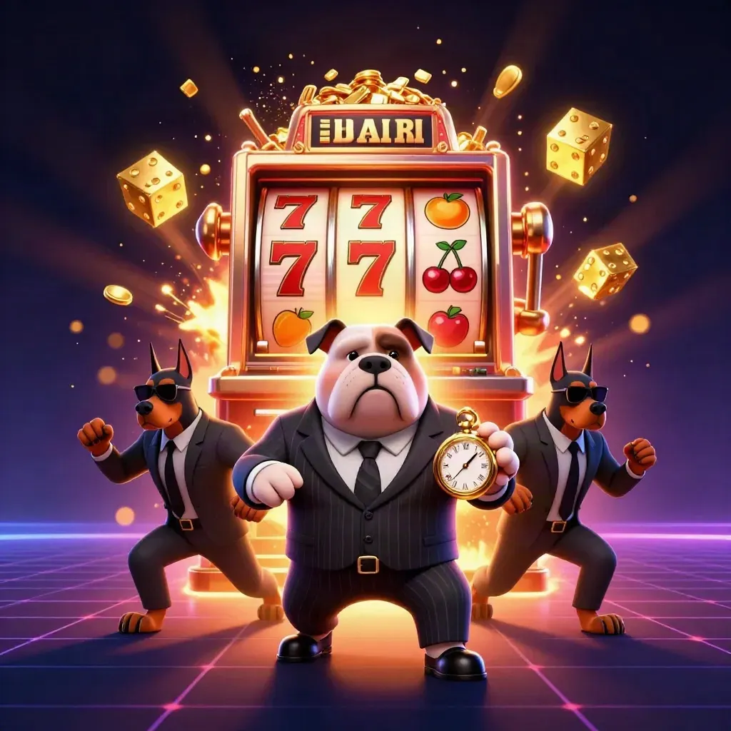 Bulldog mob boss and two Dobermans burst from a jackpot slot machine in fiery neon casino light.