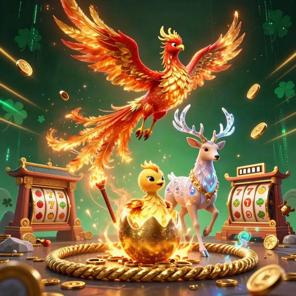 Fire phoenix, baby phoenix, and crystal stag amid casino sparks, coins, reels, and a temple gate.