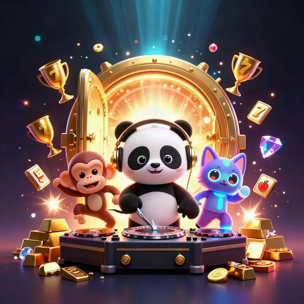 DJ panda, dancing monkey, and glow-stick kitten in a gold casino burst with vault light